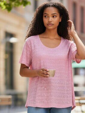 Covington Allover Lace Fully Lined Short Sleeve Pink Top